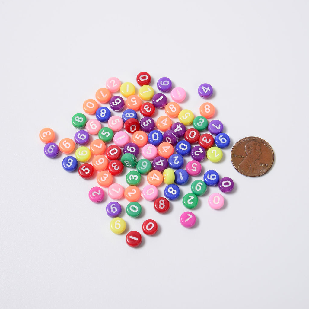 7mm Number Beads, Opaque Colorful Beads with White Numbers Flat Round Beads, 0-9 Numerical Digits Acrylic Beads, 100pcs