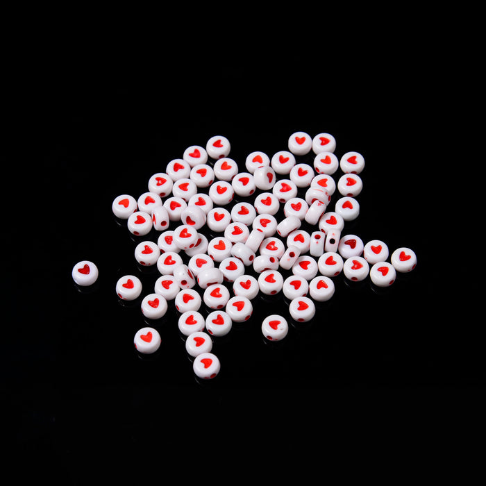 7mm Red Heart Beads, Opaque White Beads with Red Heart Filled Flat Round Beads, Acrylic Symbol Beads, 100pcs