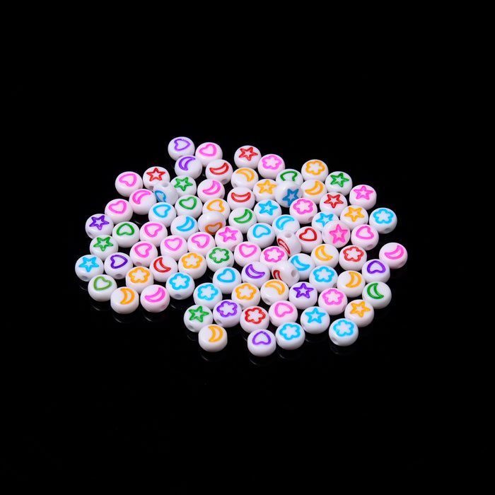 7mm Symbol Beads, Opaque White Beads with Colorful Symbols Star Moon Heart Flower, Acrylic Flat Round Beads, 100-200pcs
