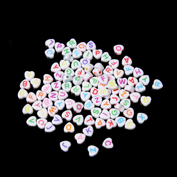 7mm Alphabet Letter Heart Shaped Beads, Opaque White Beads with Colorful Letters Heart Beads, A-Z Letters Acrylic Letter Beads, 100pcs