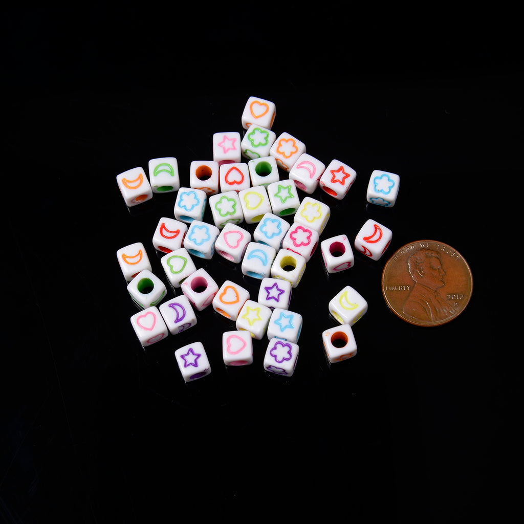 6mm Symbol Beads, Opaque White Beads with Colorful Symbols Star Moon Heart Flower, Acrylic Square Cube Beads, 100-200pcs