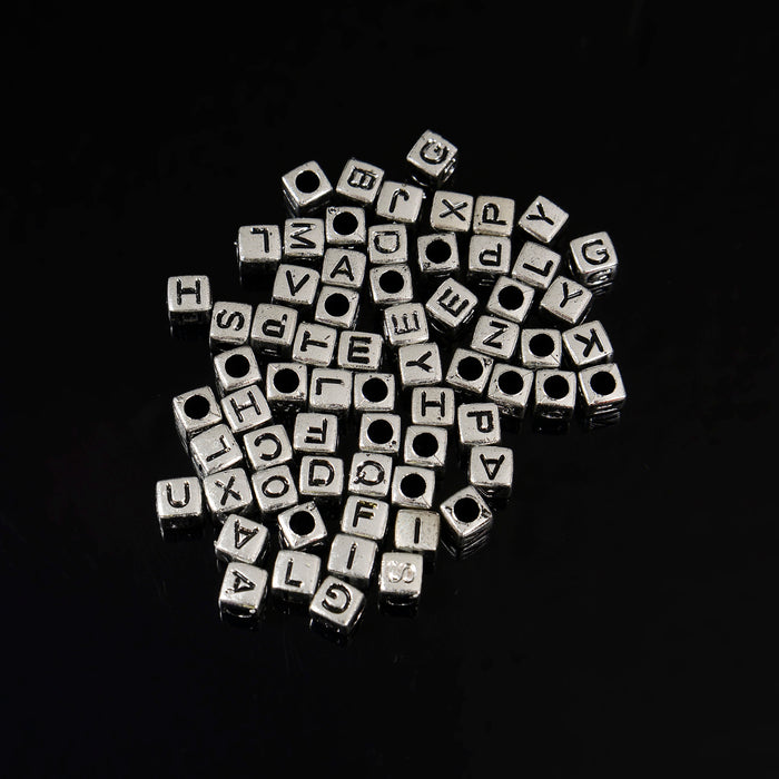 6mm Alphabet Letter Beads, Silver Beads with Black Letters Square Cube Beads, A-Z Letters Acrylic Letter Beads, 100pcs