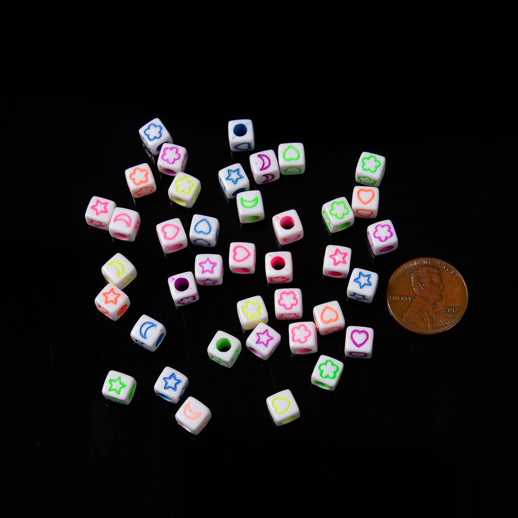 6mm Glow in the Dark Symbol Beads, Opaque White Beads with Colorful Symbols Star Moon Heart Flower, Acrylic Square Cube Beads, 100-200pcs