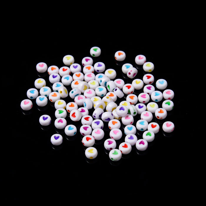 7mm Colorful Heart Beads, Opaque White Beads with Colorful Heart Filled Flat Round Beads, Acrylic Symbol Beads, 100pcs