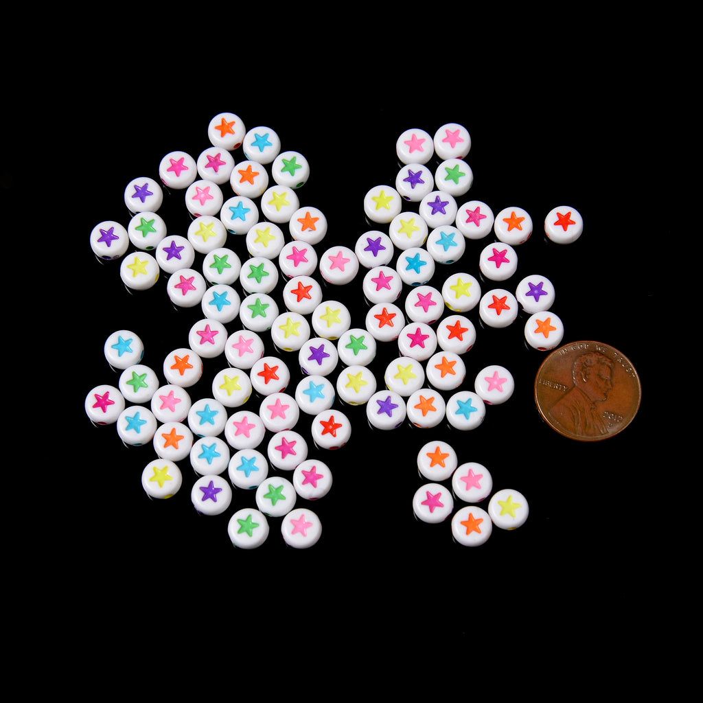 7mm Colorful Star Beads, Opaque White Beads with Colorful Star Filled Flat Round Beads, Acrylic Symbol Beads, 100pcs