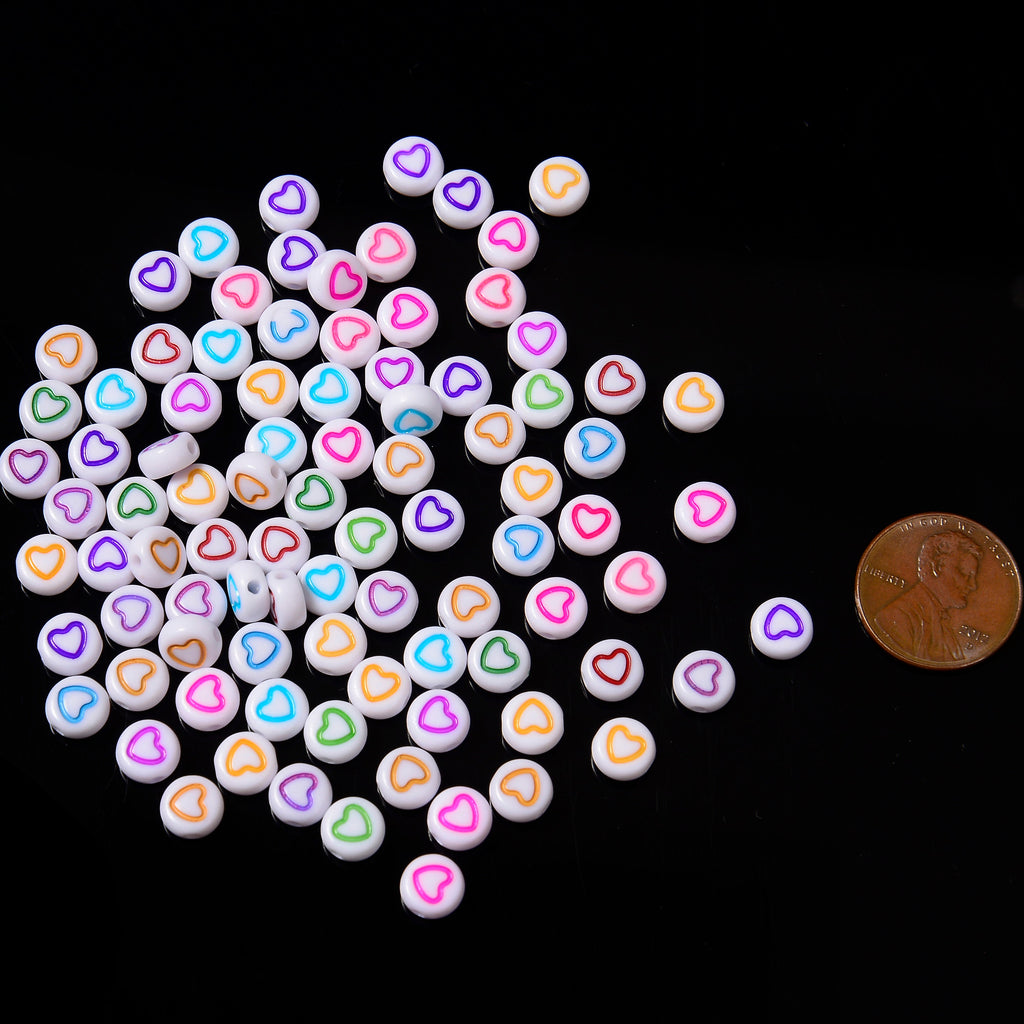 7mm Colorful Heart Beads, Opaque White Beads with Colorful Heart Outline Flat Round Beads, Acrylic Symbol Beads, 50pcs