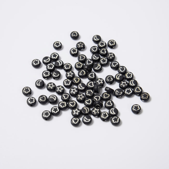 7mm Symbol Beads, Opaque Black Beads with Silver Symbols Star Moon Heart Flower, Acrylic Flat Round Beads, 100pcs