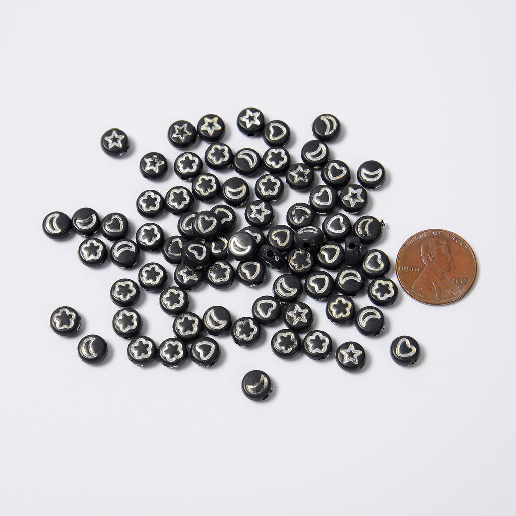 7mm Symbol Beads, Opaque Black Beads with Silver Symbols Star Moon Heart Flower, Acrylic Flat Round Beads, 100pcs