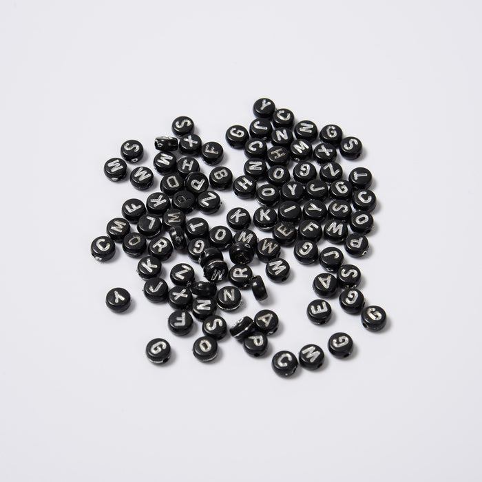 7mm Alphabet Letter Beads, Opaque Black Beads with Silver Letters Flat Round Beads, A-Z Letters Acrylic Letter Beads, 100pcs