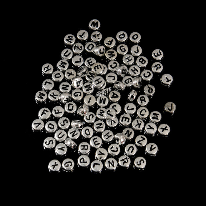 7mm Alphabet Letter Beads, Silver Beads with Black Letters Flat Round Beads, A-Z Letters Acrylic Letter Beads, 100-200pcs