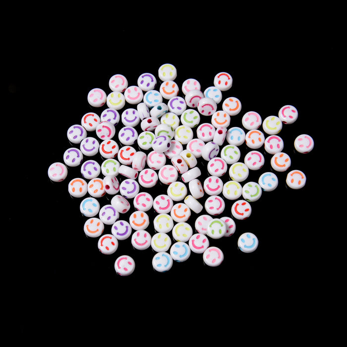 7mm Smiley Face Beads, Opaque White Beads with Colorful Smiley Face, Happy Face (Colored Hole), Acrylic Flat Round Beads, 100pcs