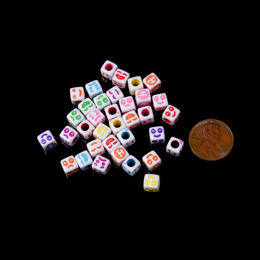 6.3mm Emoticon Faces Beads, Opaque White Beads with Colorful Emoji Faces, Facial Expressions Acrylic Square Cube Beads, 100pcs