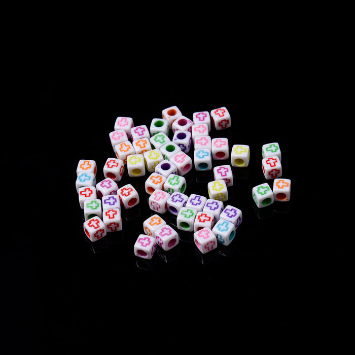 6mm Colorful Cross Beads, Opaque White Beads with Colorful Crucifix Outline Square Cube Beads, Acrylic Crucifix Cross Symbol Beads, 100pcs