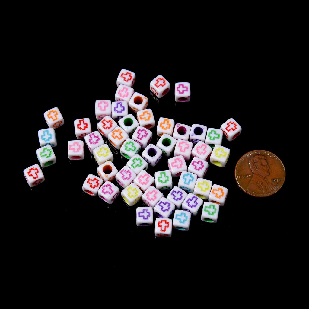 6mm Colorful Cross Beads, Opaque White Beads with Colorful Crucifix Outline Square Cube Beads, Acrylic Crucifix Cross Symbol Beads, 100pcs