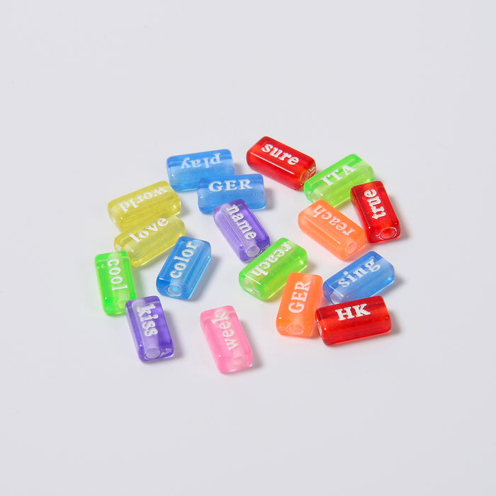 15mm Random Word Beads, Transparent Colorful Beads with White Letters Flat Rectangle Beads, Acrylic Word Beads, 50pcs