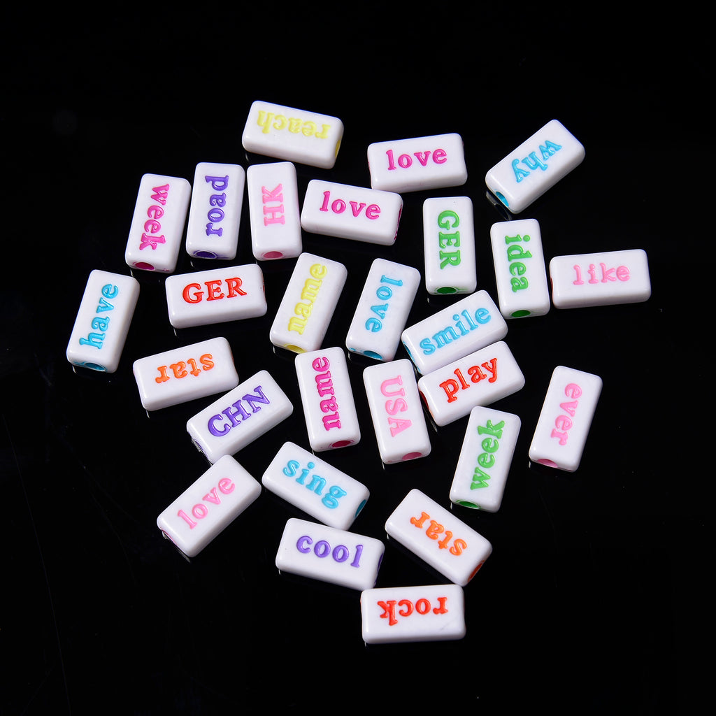 15mm Random Word Beads, Opaque White Beads with Colorful Letters Flat Rectangle Beads, Acrylic Word Beads, 50pcs