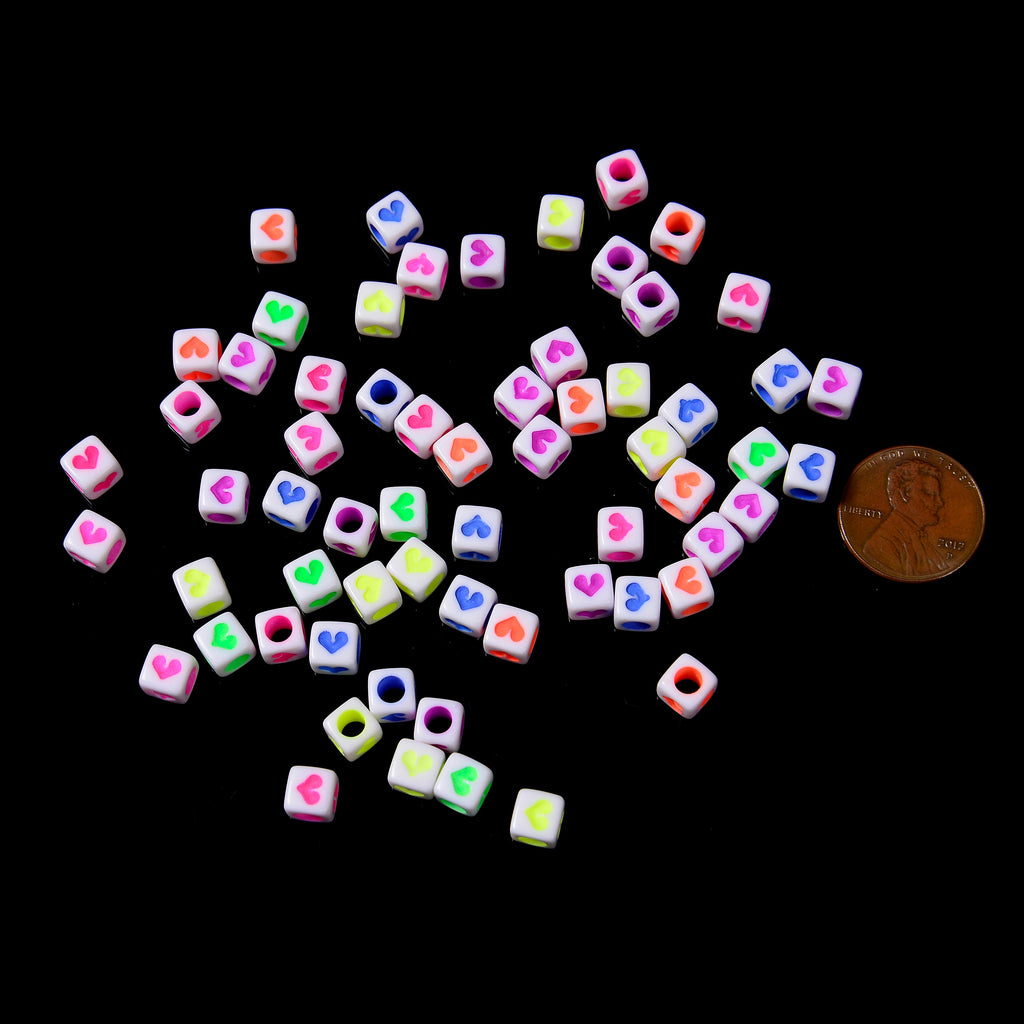6mm Glow in the Dark Colorful Heart Beads, Opaque White Beads with Colorful Heart Beads, Acrylic Square Cube Beads, 100-200pcs