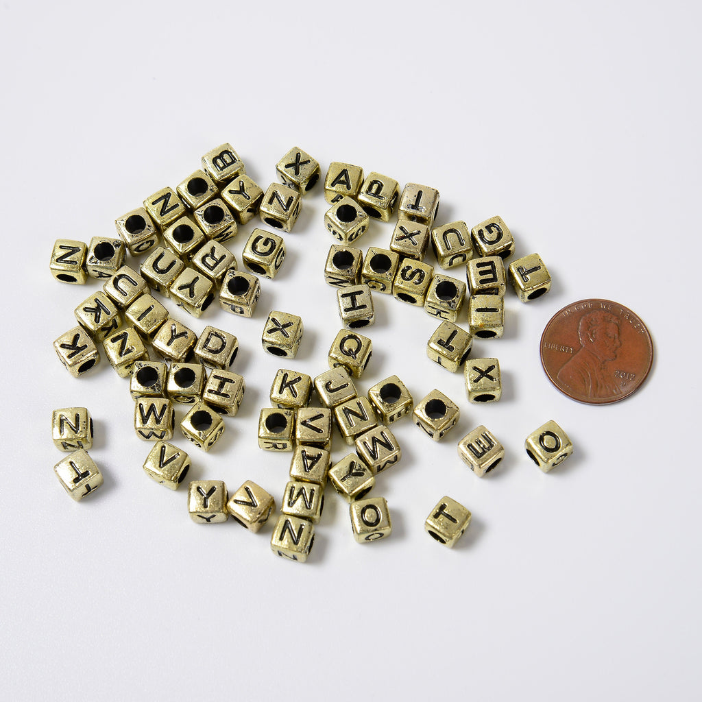 6mm Alphabet Letter Beads, Antique Beads with Black Letters Square Cube Beads, A-Z Letters Acrylic Letter Beads, 100pcs