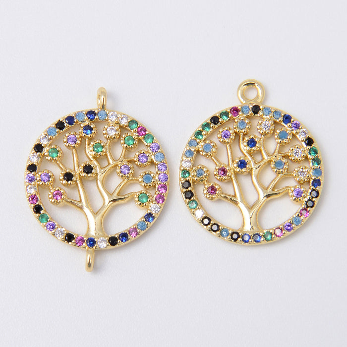 15mm Gold Colorful Tree of Life Charm Rhinestone, Tree of Life Charm Connector, Jewelry Making DIY Bracelet Necklace Supplies