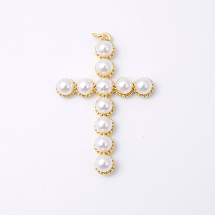 40.5mm 18K Gold Plated Cross Charm Round White Pearl, Cross Charm, Bracelet Pendant Charm, Jewelry Making DIY Bracelet Necklace Supplies