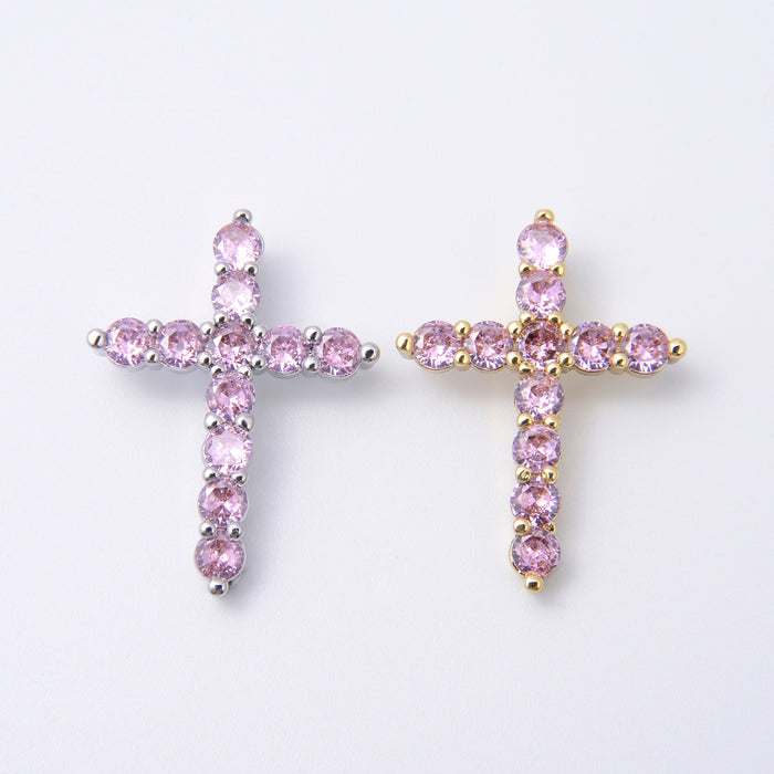 27.3mm 18K Gold Plated Cross Charm Pave Light Pink Rhinestones, Bracelet Pendant Charm, Jewelry Making DIY Bracelet Necklace Supplies