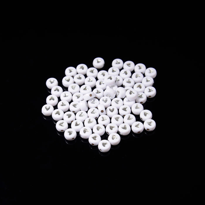 7mm Silver Heart Beads, Opaque White Beads with Silver Heart Filled Flat Round Beads, Acrylic Symbol Beads, 50-100pcs