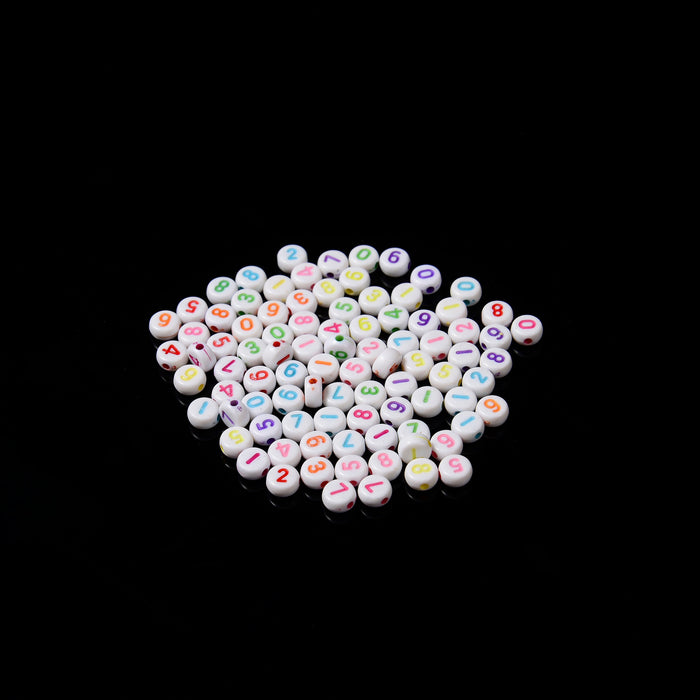 7mm Number Beads, Opaque White Beads with Colorful Numbers Flat Round Beads, 0-9 Numerical Digits Acrylic Beads, 100pcs