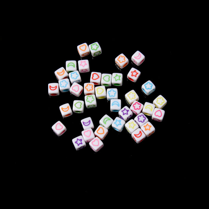 6mm Symbol Beads, Opaque White Beads with Colorful Symbols Star Moon Heart Flower, Acrylic Square Cube Beads, 100-200pcs