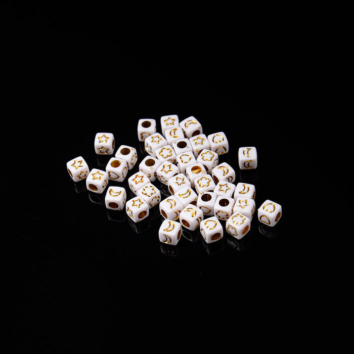 6mm Symbol Beads, Opaque White Beads with Gold Symbols Star Moon Heart Flower, Acrylic Square Cube Beads, 100-300pcs
