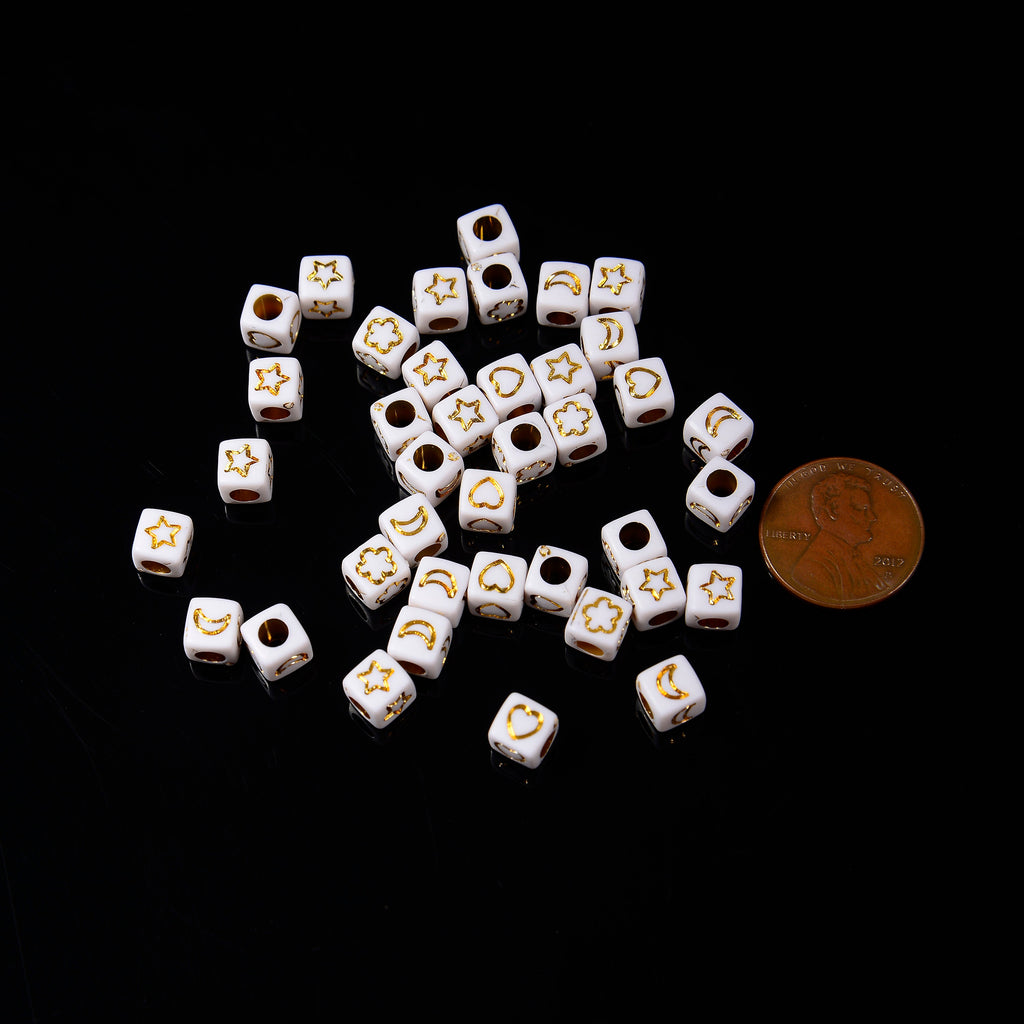 6mm Symbol Beads, Opaque White Beads with Gold Symbols Star Moon Heart Flower, Acrylic Square Cube Beads, 100-300pcs