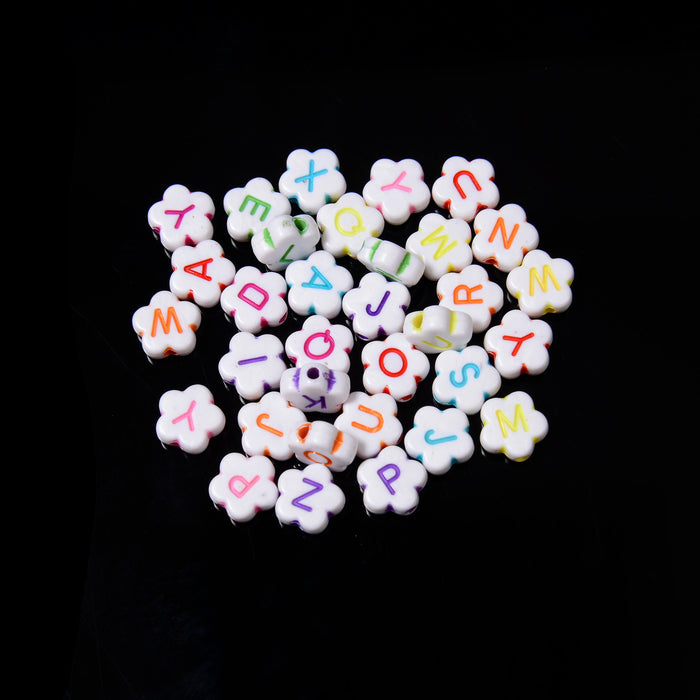 9mm Alphabet Letter Flower Shaped Beads, Opaque White Beads with Colorful Letters Flower Beads, A-Z Letters Acrylic Letter Beads, 100pcs