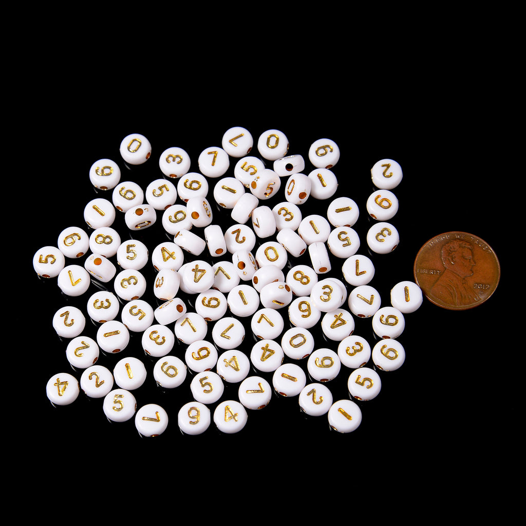 7mm Number Beads, Opaque White Beads with Gold Numbers Flat Round Beads, 0-9 Numerical Digits Acrylic Beads, 100-200pcs