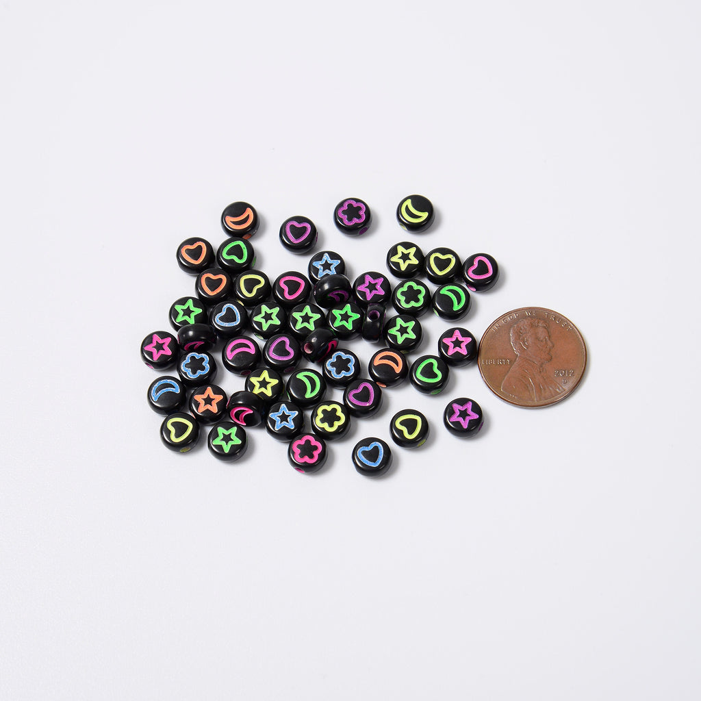 7mm Glow in the Dark Symbol Beads, Opaque Black Beads with Colorful Symbols Star Moon Heart Flower, Acrylic Flat Round Beads, 50pcs