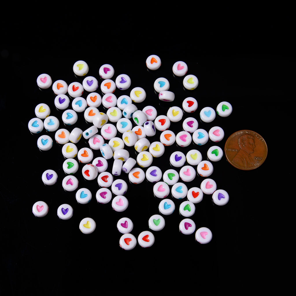 7mm Colorful Heart Beads, Opaque White Beads with Colorful Heart Filled Flat Round Beads, Acrylic Symbol Beads, 100pcs