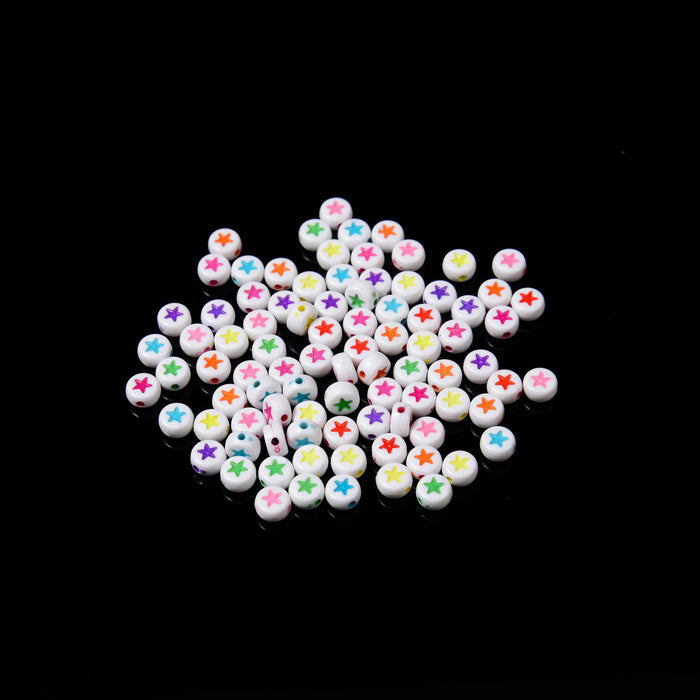 7mm Colorful Star Beads, Opaque White Beads with Colorful Star Filled Flat Round Beads, Acrylic Symbol Beads, 100pcs