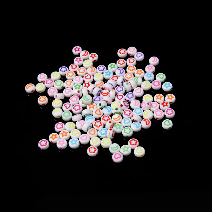 7mm Symbol Beads, Opaque White Beads with Colorful Symbols Star Moon Heart Flower (Colored Hole), Acrylic Flat Round Beads, 100pcs
