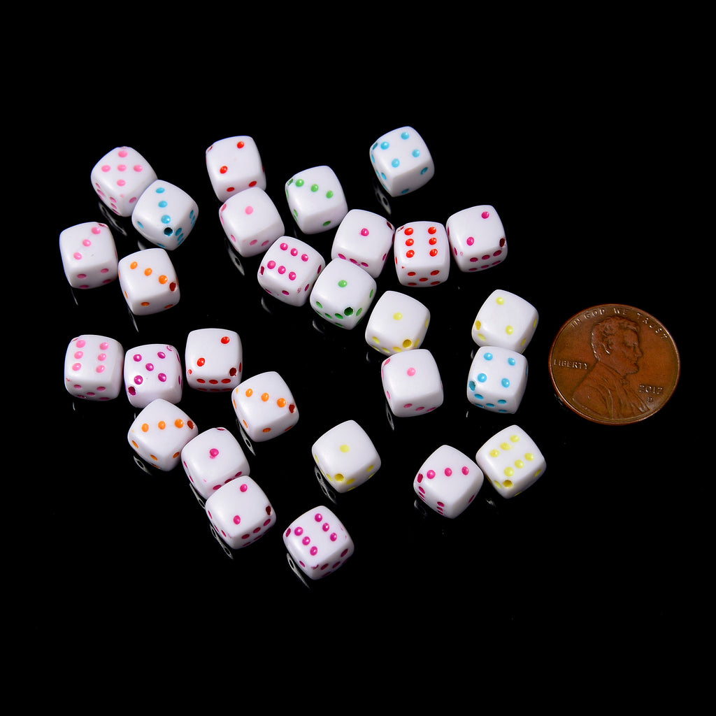 8mm Dice Beads, Opaque White Beads with Colorful Eyes Square Cube Beads, Six-Sided Dice Acrylic Beads, 50pcs